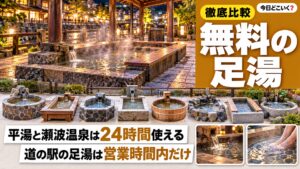 無料の足湯で24時間入れるのは平湯と瀬波、道の駅の足湯は全国21駅