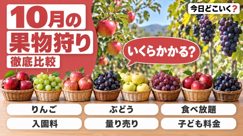 果物狩りは10月に何が狩れる？りんごとぶどうの料金と時間の違い　図の中の文字: りんご、ぶどう、食べ放題、入園料、量り売り、子ども料金