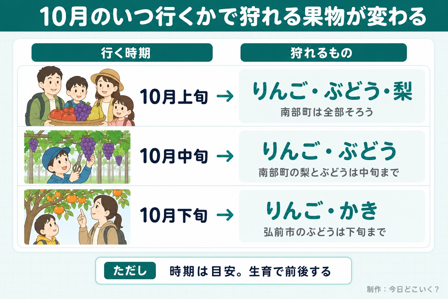 10月のいつ行くかで狩れる果物が変わる。行く時期。狩れるもの。10月上旬。りんご・ぶどう・梨。南部町は全部そろう。10月中旬。りんご・ぶどう。南部町の梨とぶどうは中旬まで。10月下旬。りんご・かき。弘前市のぶどうは下旬まで。ただし 時期は目安。生育で前後する。今日どこいく？が作ったイラスト図解（状況→目安の早見表）