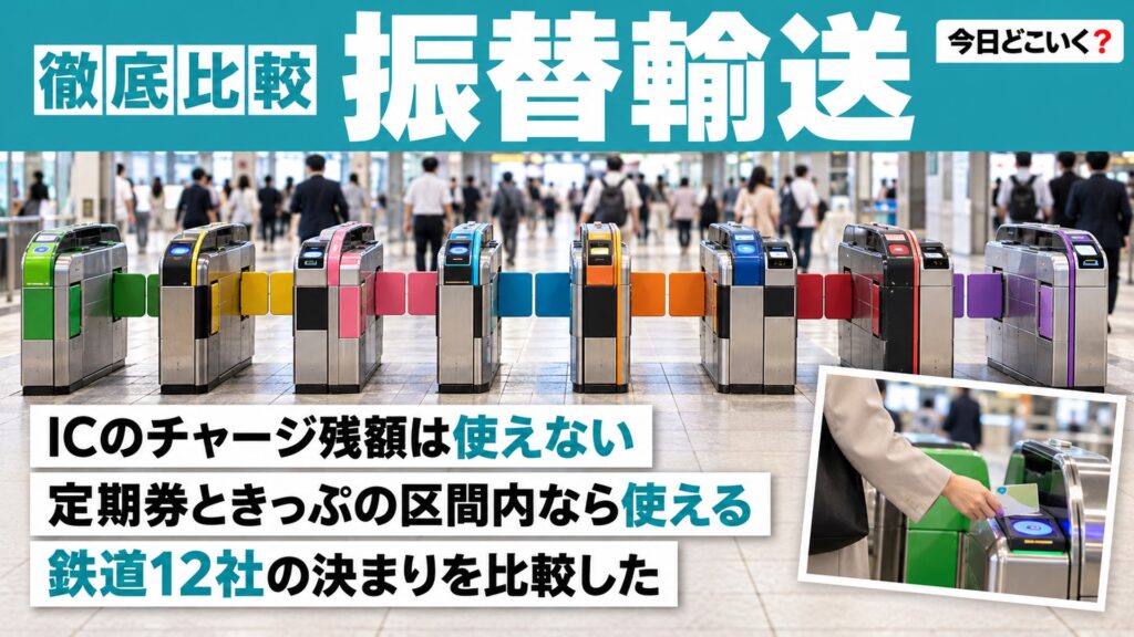 振替輸送はICのチャージで乗れない？12社の対象と定期券の扱い　図の中の文字: ICのチャージ残額は使えない、定期券ときっぷの区間内なら使える、鉄道12社の決まりを比較した
