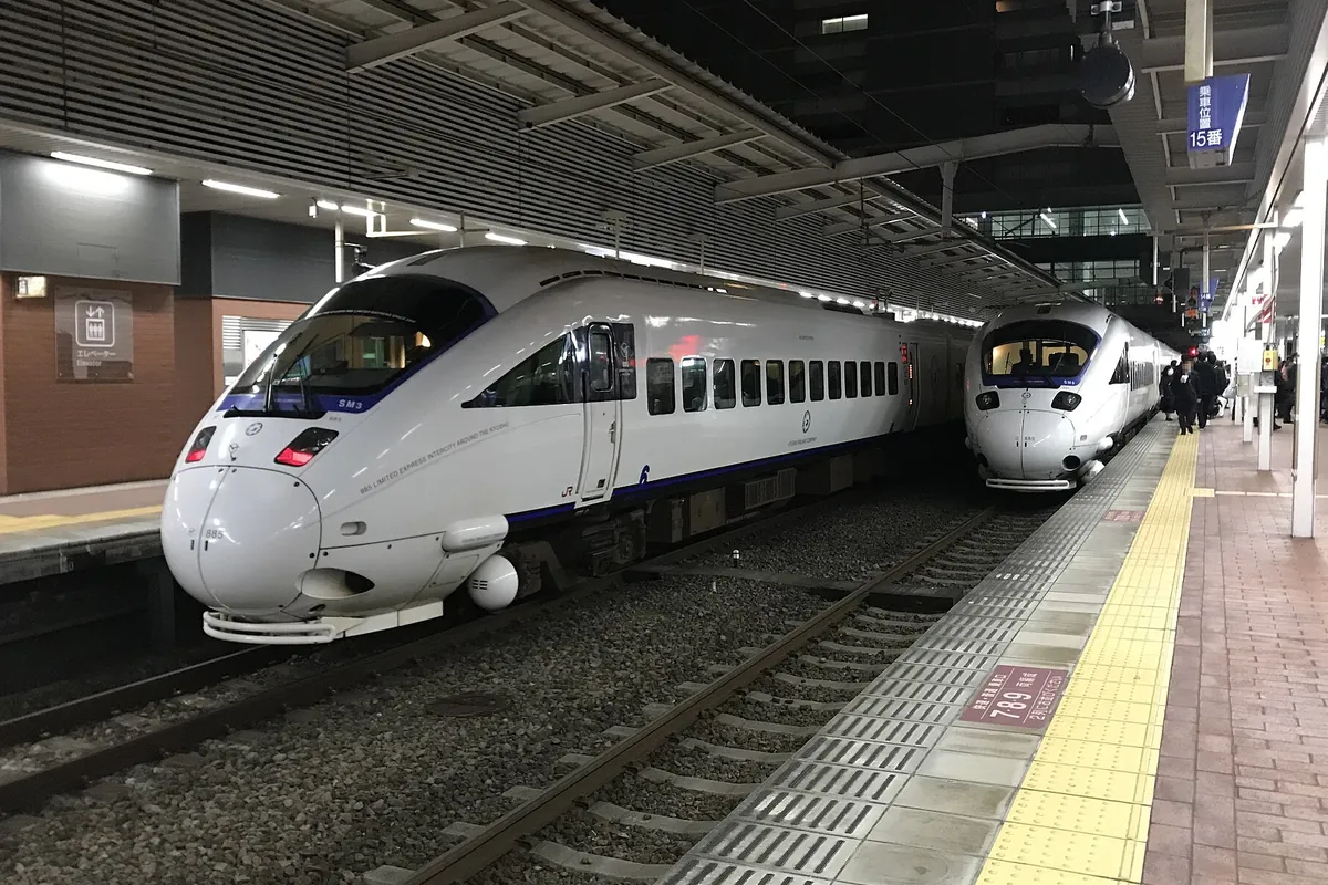駅のホームに停車する白地に黒いノーズの特急列車と、隣のホームにもう1両の白い列車が並ぶ様子の写真