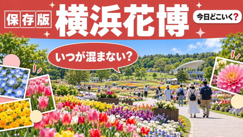横浜花博2027の混む日と行き方と券の特集のアイキャッチ。花畑の中を人が歩く会場のイメージ。図の中の文字: 保存版、横浜花博、いつが混まない？