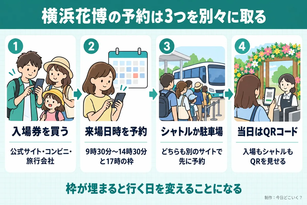 横浜花博の予約は3つを別々に取る。入場券を買う。公式サイト・コンビニ・旅行会社。来場日時を予約。9時30分〜14時30分と17時の枠。シャトルか駐車場。どちらも別のサイトで先に予約。当日はQRコード。入場もシャトルもQRを見せる。枠が埋まると行く日を変えることになる。今日どこいく？が作ったイラスト図解（横並びの手順コマ）