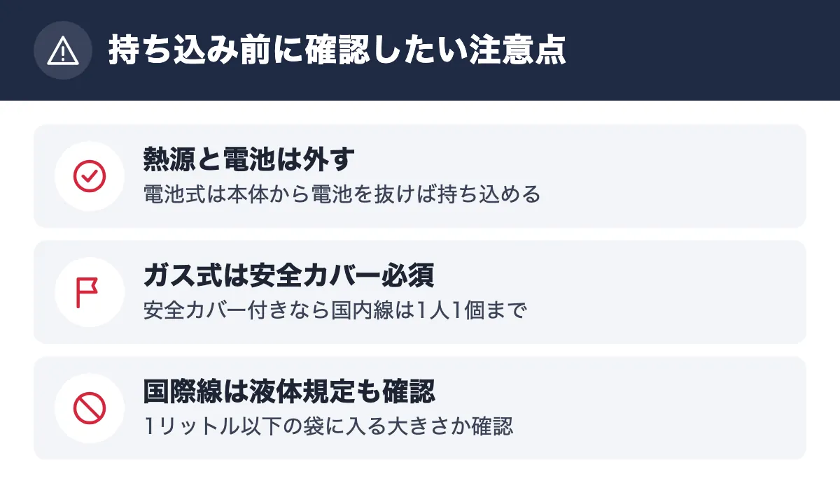 持ち込み前に確認したい注意点。熱源と電池は外す 電池式は本体から電池を抜けば持ち込める/ガス式は安全カバー必須 安全カバー付きなら国内線は1人1個まで/国際線は液体規定も確認 1リットル以下の袋に入る大きさか確認