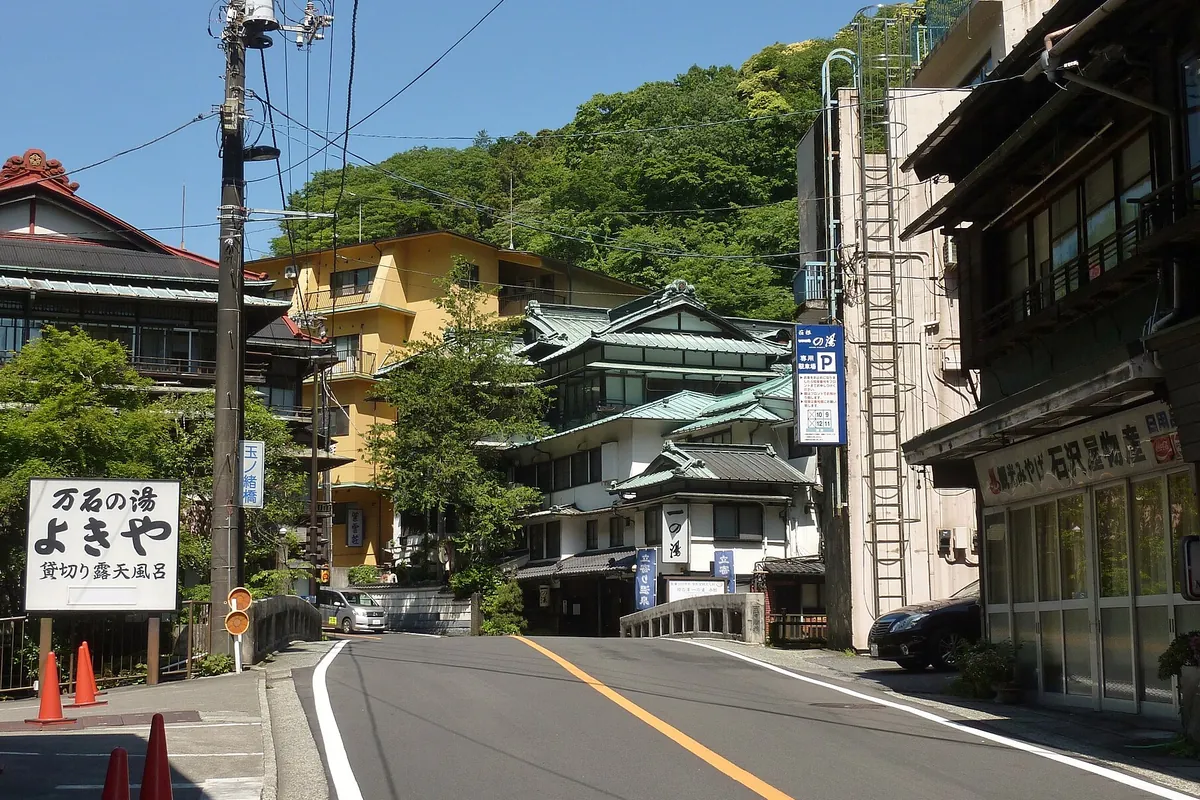 箱根の温泉街で「一の湯」などの看板が掲げられた旅館の建物が道路沿いに並ぶ様子の写真