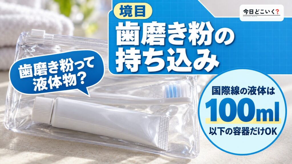 飛行機に歯磨き粉は持ち込み可能？機内での歯磨き方法を解説　図の中の文字: 歯磨き粉の持ち込み、国際線の液体は、100ml、以下の容器だけOK、歯磨き粉って液体物？