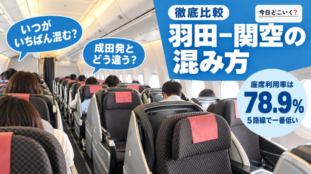 羽田から関空の飛行機は空いてる?東京と大阪5路線の混み方を比べた 図の中の文字: 羽田-関空の混み方、座席利用率は、78.9%、5路線で一番低い、いつがいちばん混む?、成田発とどう違う?