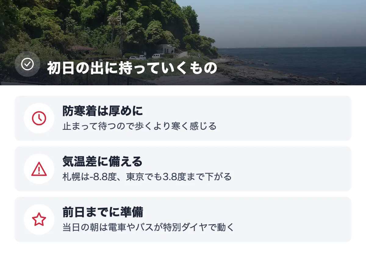初日の出に持っていくもの。防寒着は厚めに 止まって待つので歩くより寒く感じる／気温差に備える 札幌は-8.8度、東京でも3.8度まで下がる／前日までに準備 当日の朝は電車やバスが特別ダイヤで動く