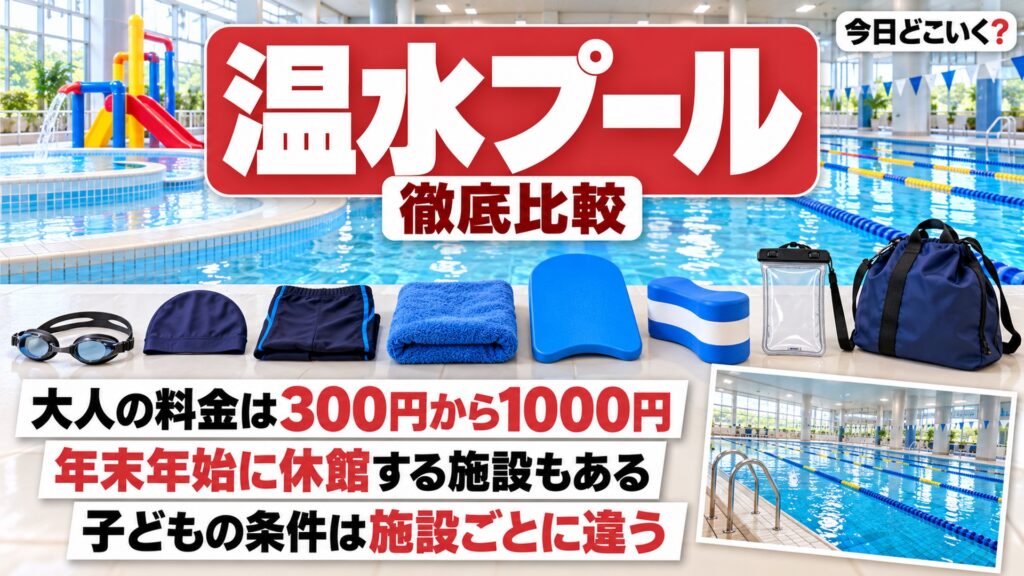 温水プールの年末年始は開いてる？子連れで行ける6施設の料金と条件　図の中の文字: 大人の料金は300円から1000円、年末年始に休館する施設もある、子どもの条件は施設ごとに違う