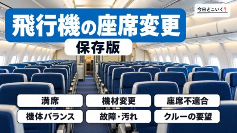 【プロが教えます】なぜ勝手に飛行機の座席が変更されたりするの? 図の中の文字: 飛行機の座席変更、満席、機材変更、座席不適合、機体バランス、故障・汚れ、クルーの要望