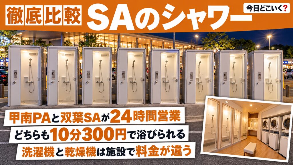 高速道路のシャワーは何円?24時間のSA・PAと道の駅の選び方 図の中の文字: 甲南PAと双葉SAが24時間営業、どちらも10分300円で浴びられる、洗濯機と乾燥機は施設で料金が違う