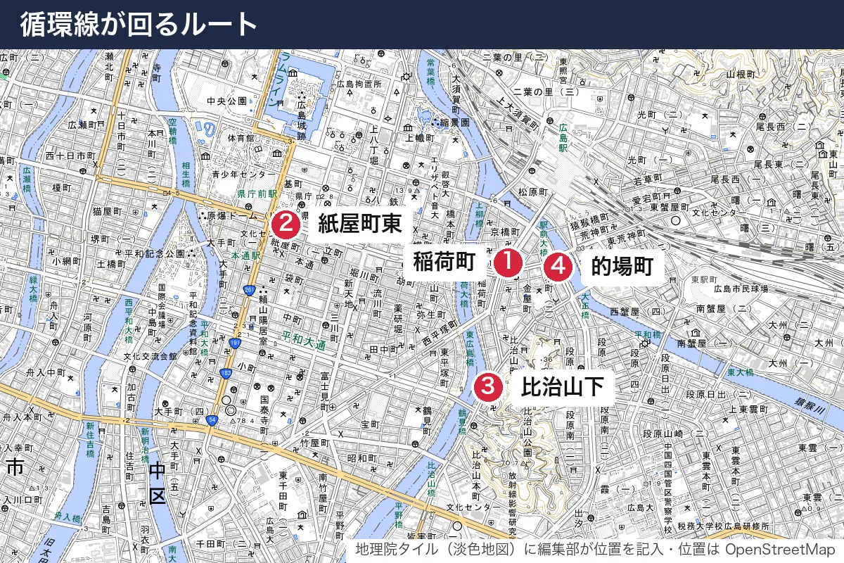 循環線が回るルート。地図に番号で示した場所は 1. 稲荷町、2. 紙屋町東、3. 比治山下、4. 的場町