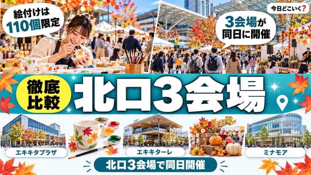 広島駅のイベントは10月25日に3会場、無料の絵付けは限定110個　図の中の文字: 絵付けは、110個限定、3会場が、同日に開催、エキキタプラザ、エキキターレ