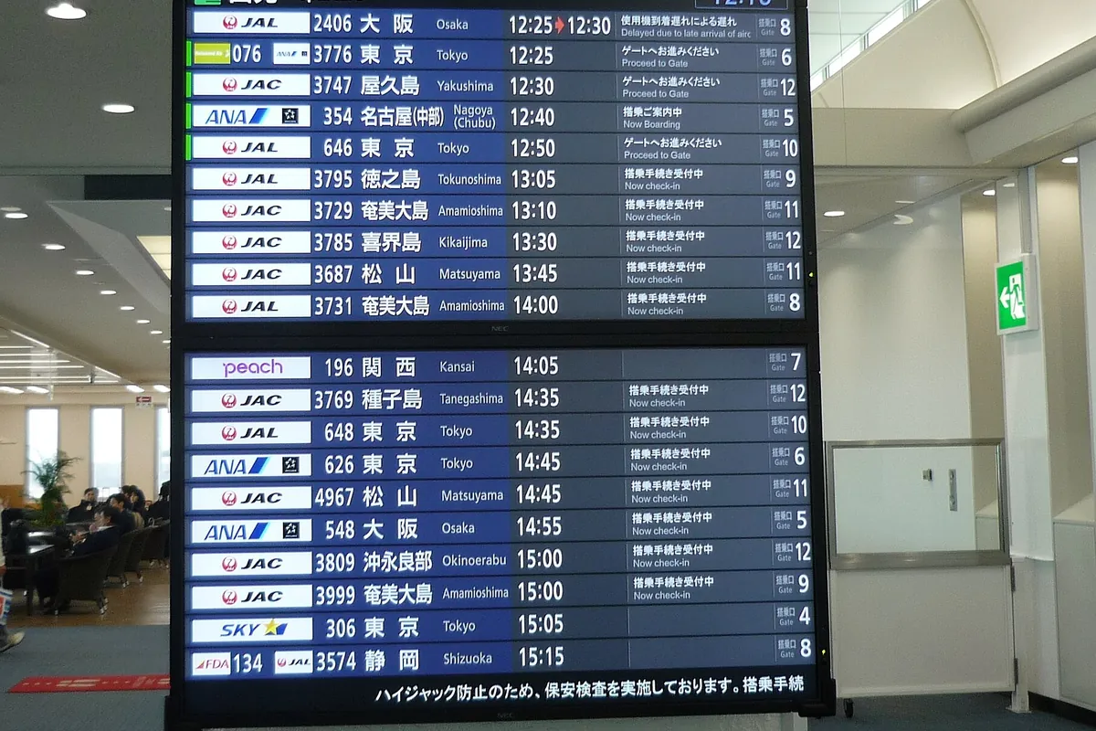 空港の出発案内表示板に、各地行きの便名と時刻、搭乗手続き中の案内が並んで表示されている様子の写真