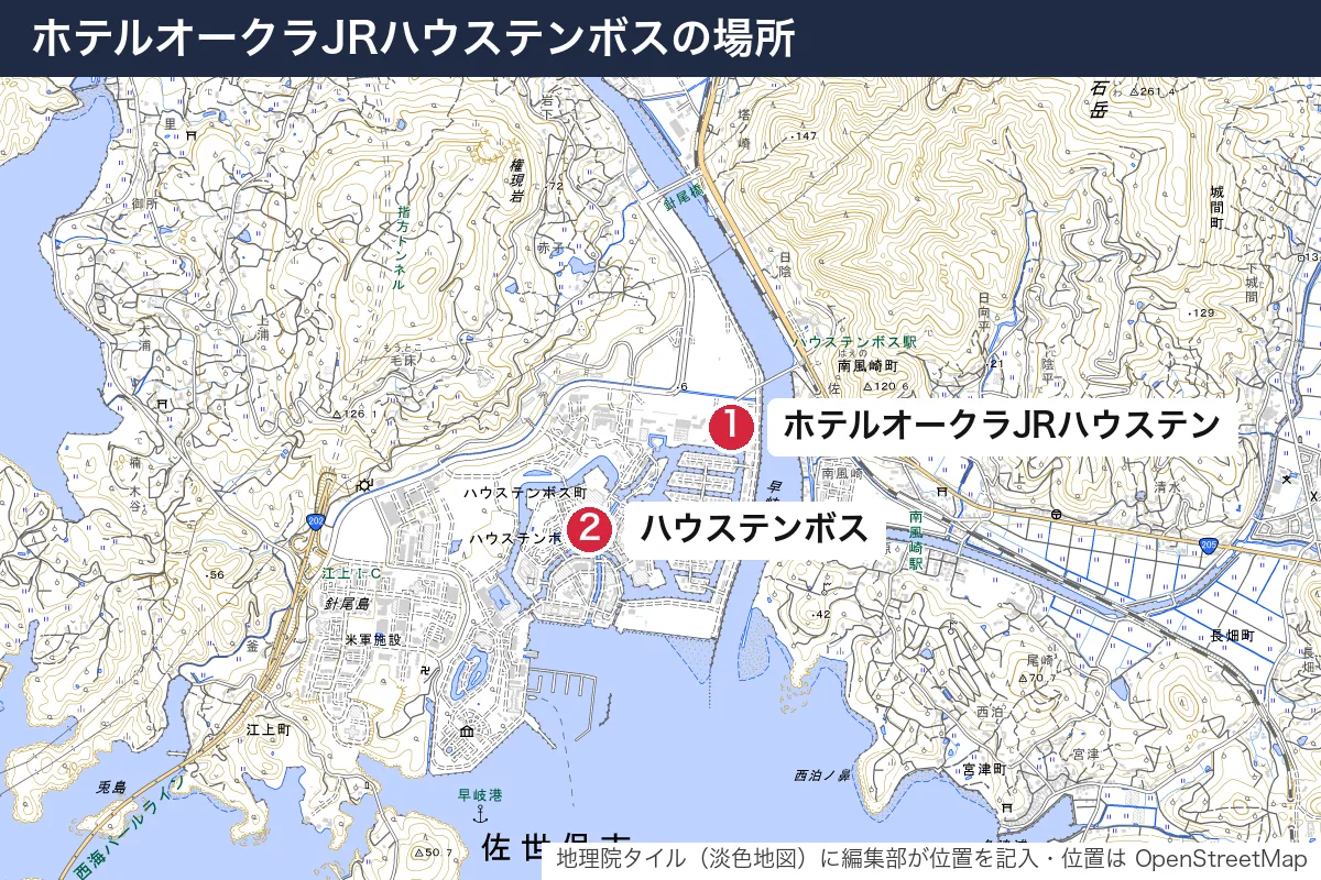 ホテルオークラJRハウステンボスの場所。地図に番号で示した場所は 1. ホテルオークラJRハウステンボス、2. ハウステンボス