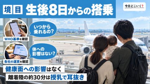 赤ちゃんはいつから飛行機に乗れるの？リスク・悪影響や注意点　図の中の文字: 生後8日からの搭乗、健康面への影響はなく、離着陸の約30分は授乳で耳抜き、いつから乗れるの？、体への影響はない？
