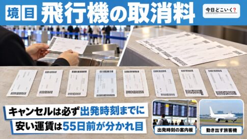 飛行機のキャンセルはいつまでにすればいい？詳しいルールを解説！　図の中の文字: 飛行機の取消料、キャンセルは必ず出発時刻までに、安い運賃は55日前が分かれ目