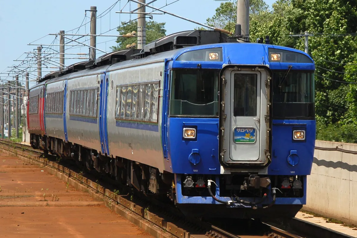 JR北海道の特急気動車「サロベツ」の青い車体が線路のホーム脇に停車している様子の写真