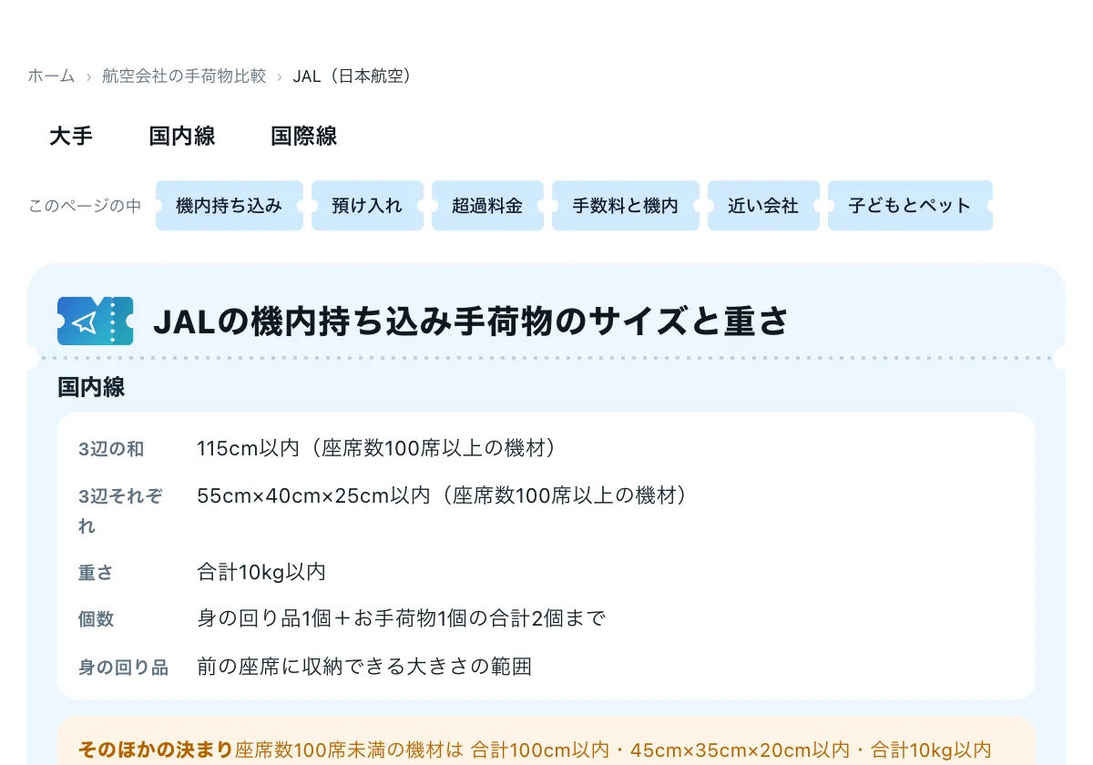 今日どこいく？の「JALの手荷物は何cmまで？機内持ち込みと預け入れの上限」の画面。JAL（日本航空）の会社情報ページ