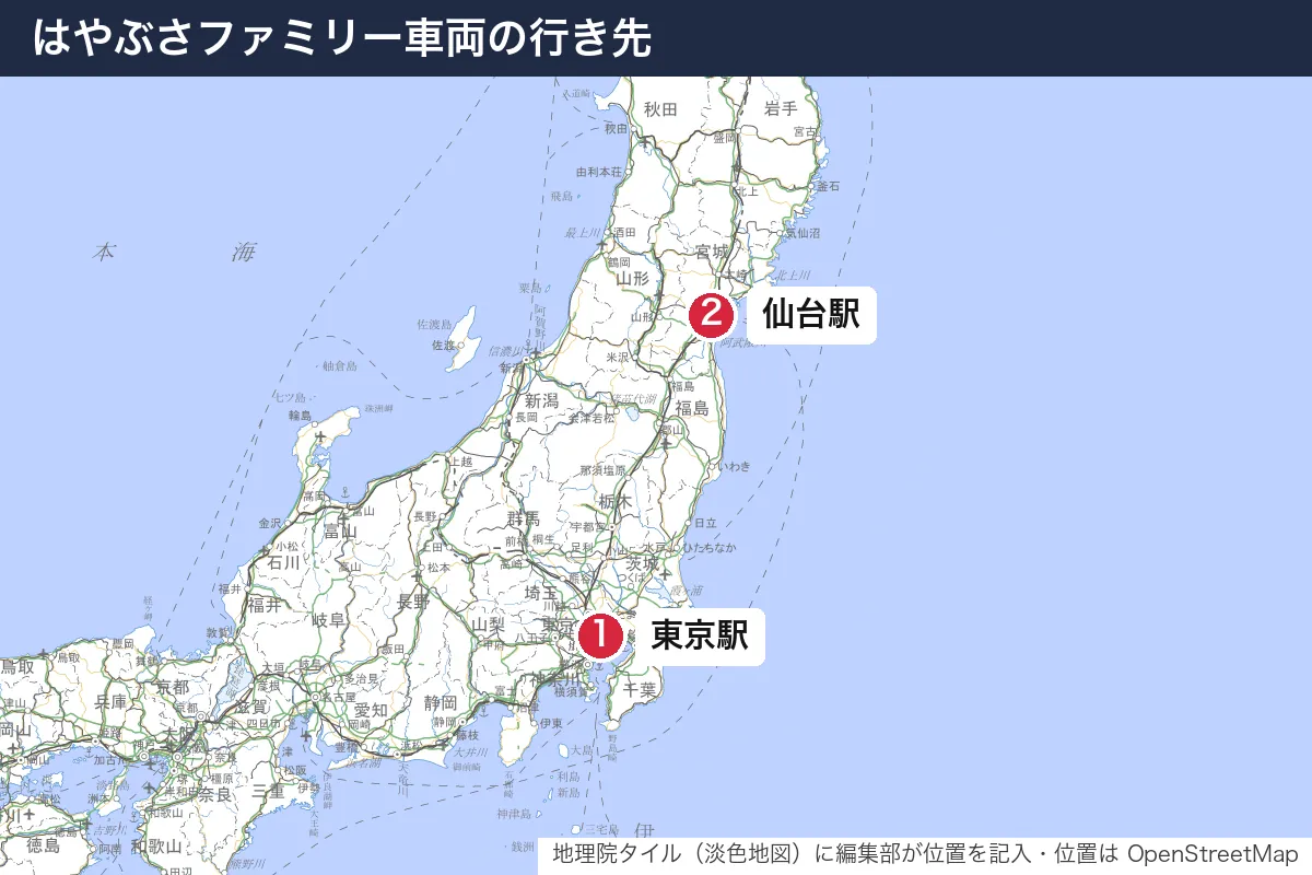 はやぶさファミリー車両の行き先。地図に番号で示した場所は 1. 東京駅、2. 仙台駅