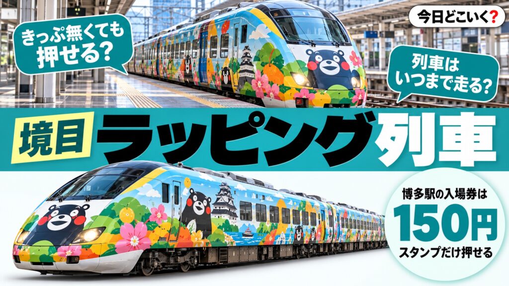 ハリーポッターJR九州は11月14日から・入場券150円でスタンプ 図の中の文字: 博多駅の入場券は、150円、スタンプだけ押せる、きっぷ無くても押せる?、列車はいつまで走る?