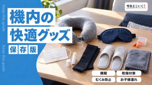 飛行機で快適に過ごすおすすめグッズ20選!ジャンル別にご紹介 図の中の文字: 機内の快適グッズ、睡眠、乾燥対策、むくみ防止、お子様連れ