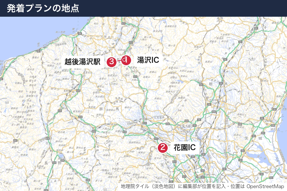 発着プランの地点。地図に番号で示した場所は 1. 湯沢IC、2. 花園IC、3. 越後湯沢駅