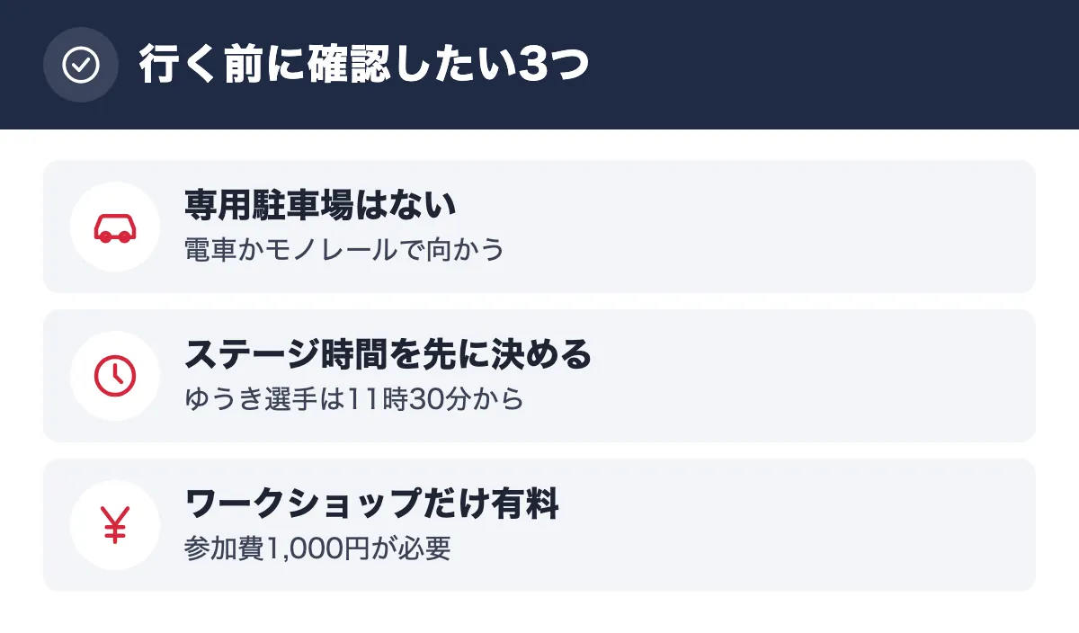 行く前に確認したい3つ。専用駐車場はない 電車かモノレールで向かう/ステージ時間を先に決める ゆうき選手は11時30分から/ワークショップだけ有料 参加費1,000円が必要
