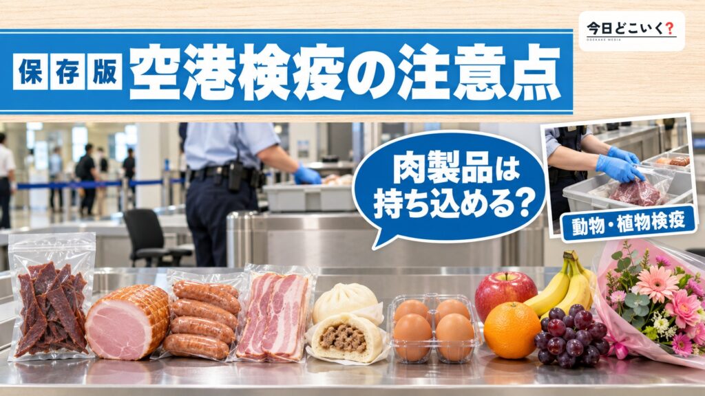 空港検疫の役割とは?日本に入国する際の注意点を徹底解説! 図の中の文字: 空港検疫の注意点、肉製品は持ち込める?