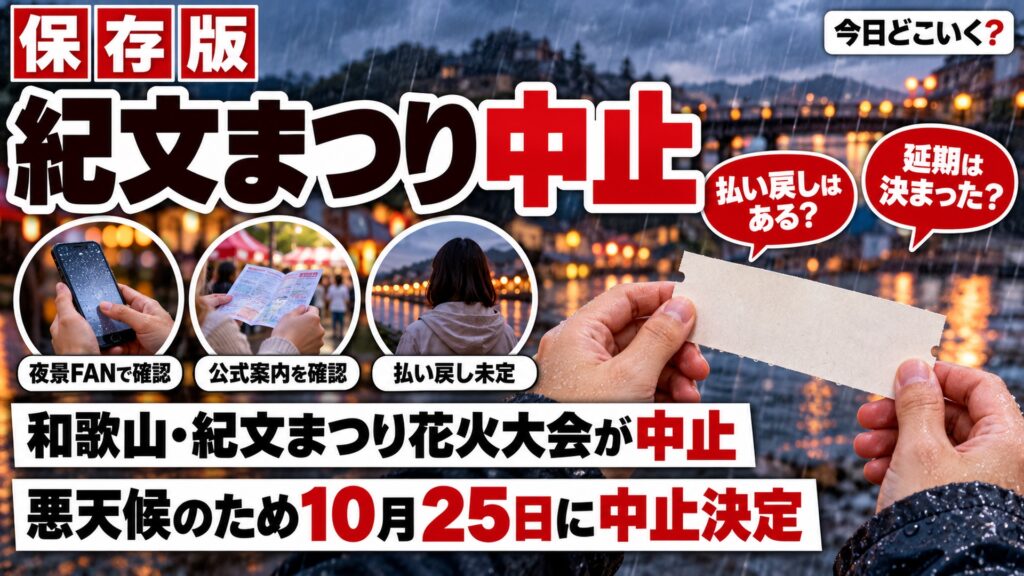 第44回紀文まつり花火大会は悪天候で10月25日中止。延期と払い戻し 図の中の文字: 夜景FANで確認、公式案内を確認、払い戻し未定、払い戻しはある?、延期は決まった?、和歌山・紀文まつり花火大会が中止