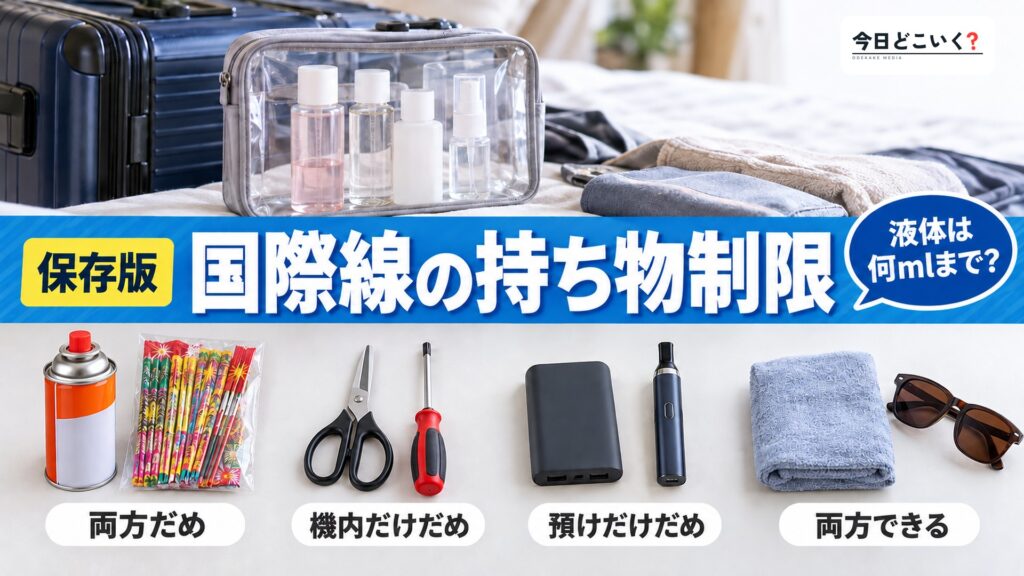 【国際線】飛行機への持ち込みが禁止・制限されているものはどれ? 図の中の文字: 国際線の持ち物制限、液体は何mlまで?、両方だめ、機内だけだめ、預けだけだめ、両方できる