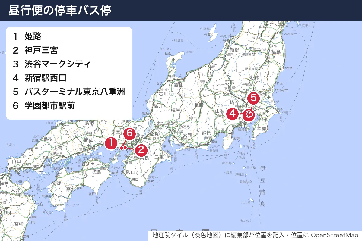 昼行便の停車バス停。地図に番号で示した場所は 1. 姫路、2. 神戸三宮、3. 渋谷マークシティ、4. 新宿駅西口、5. バスターミナル東京八重洲、6. 学園都市駅前