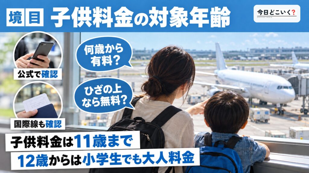 【初心者向け】飛行機の子供料金って何歳から何歳までなの? 図の中の文字: 子供料金の対象年齢、子供料金は11歳まで、12歳からは小学生でも大人料金、何歳から有料?、ひざの上なら無料?