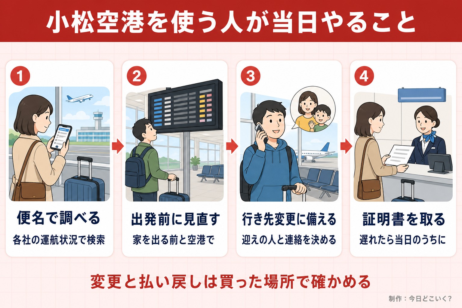 小松空港を使う人が当日やること。便名で調べる。各社の運航状況で検索。出発前に見直す。家を出る前と空港で。行き先変更に備える。迎えの人と連絡を決める。証明書を取る。遅れたら当日のうちに。変更と払い戻しは買った場所で確かめる。今日どこいく？が作ったイラスト図解（横並びの手順コマ）