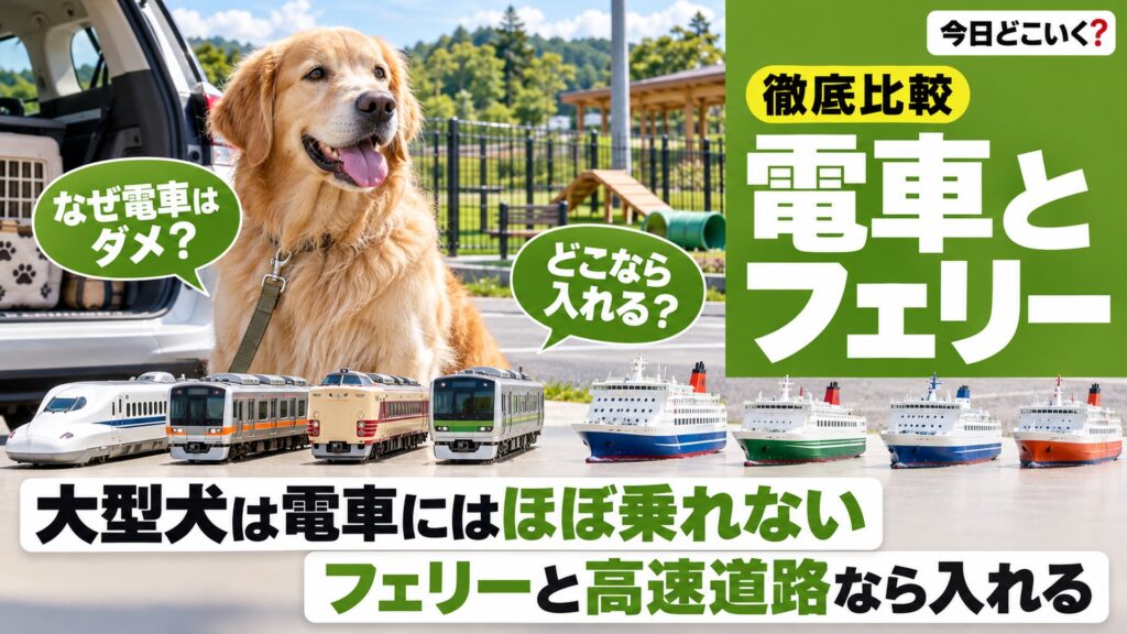 大型犬とおでかけできる場所は？電車とドッグランは10kgで分かれる　図の中の文字: なぜ電車はダメ？、どこなら入れる？、大型犬は電車にはほぼ乗れない、フェリーと高速道路なら入れる