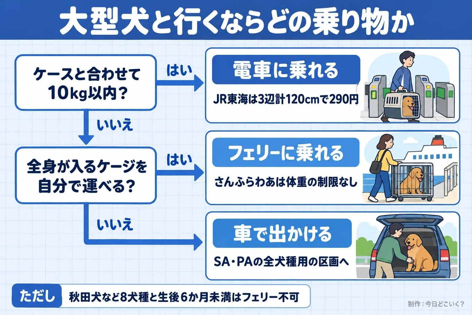 大型犬と行くならどの乗り物か。ケースと合わせて10kg以内？。全身が入るケージを自分で運べる？。電車に乗れる。JR東海は3辺計120cmで290円。フェリーに乗れる。さんふらわあは体重の制限なし。車で出かける。SA・PAの全犬種用の区画へ。ただし 秋田犬など8犬種と生後6か月未満はフェリー不可。今日どこいく？が作ったイラスト図解（はい／いいえの判定）