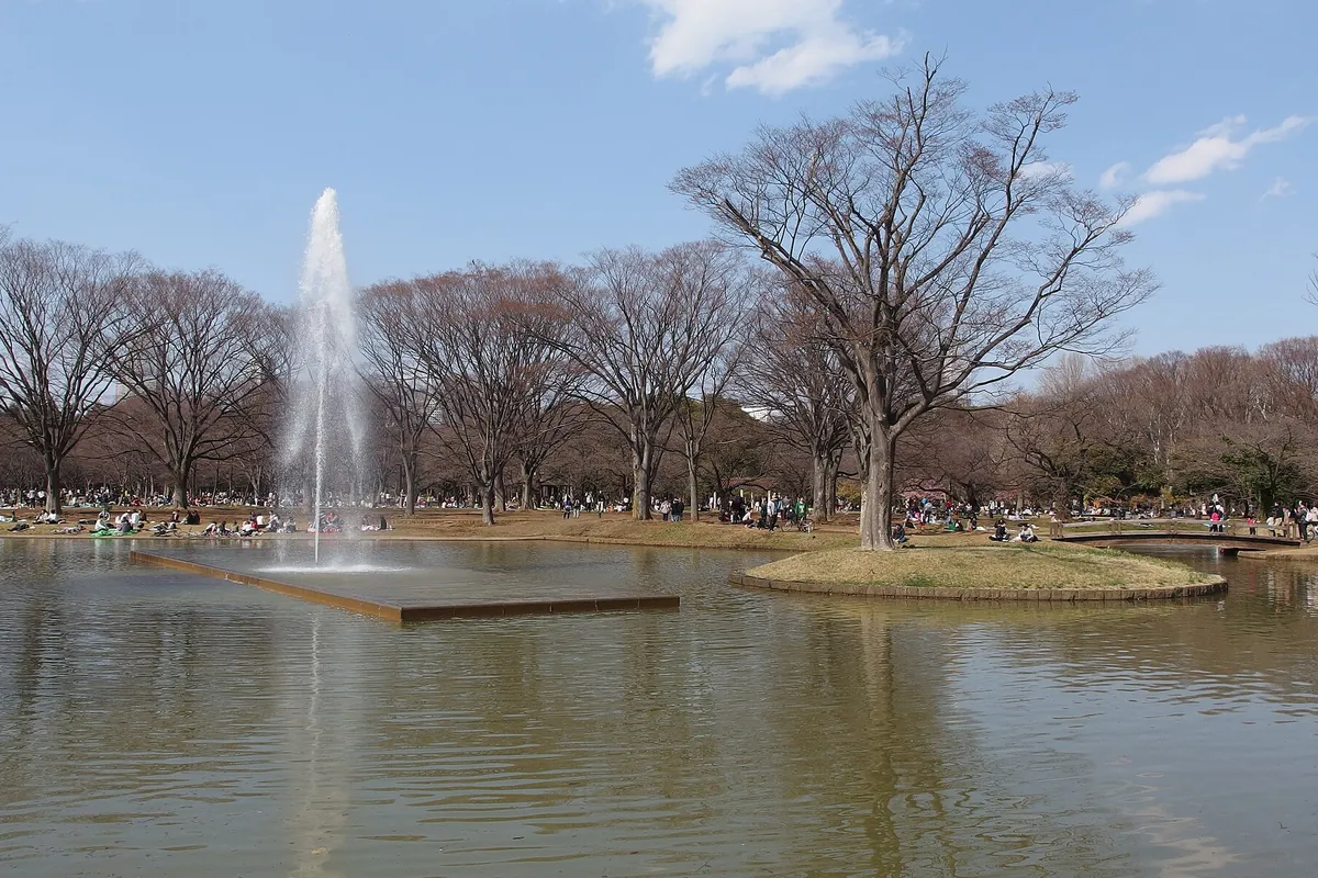 池に噴水が上がり多くの人が芝生で休む代々木公園の園内風景を写した写真