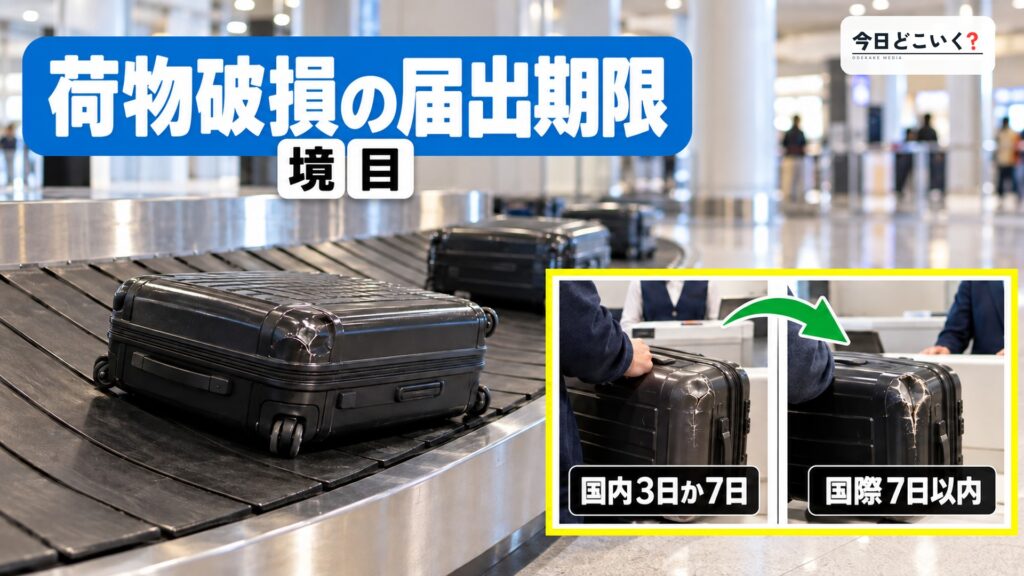 ロストバゲージの届出は3日と7日!5社の補償と期限の違い 図の中の文字: 荷物破損の届出期限、国内3日か7日、国際7日以内