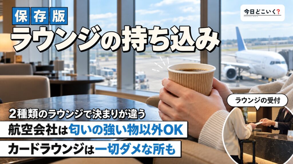 空港ラウンジに持ち込みはできる？注意点まで徹底解説　図の中の文字: ラウンジの持ち込み、2種類のラウンジで決まりが違う、航空会社は匂いの強い物以外OK、カードラウンジは一切ダメな所も