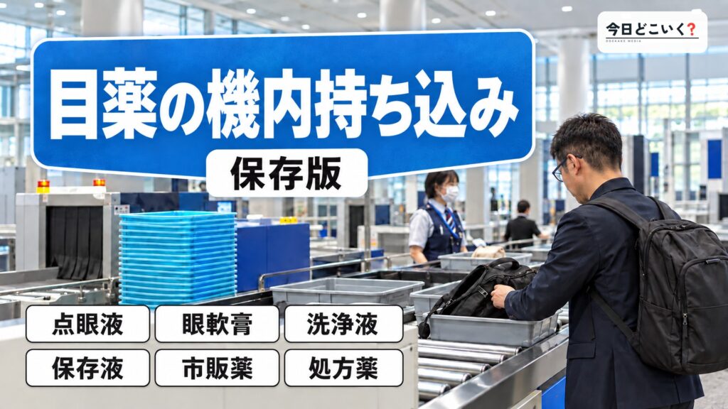 飛行機に目薬を持ち込んでもいいの？詳しいルールと注意点を解説！　図の中の文字: 目薬の機内持ち込み、点眼液、眼軟膏、洗浄液、保存液、市販薬、処方薬