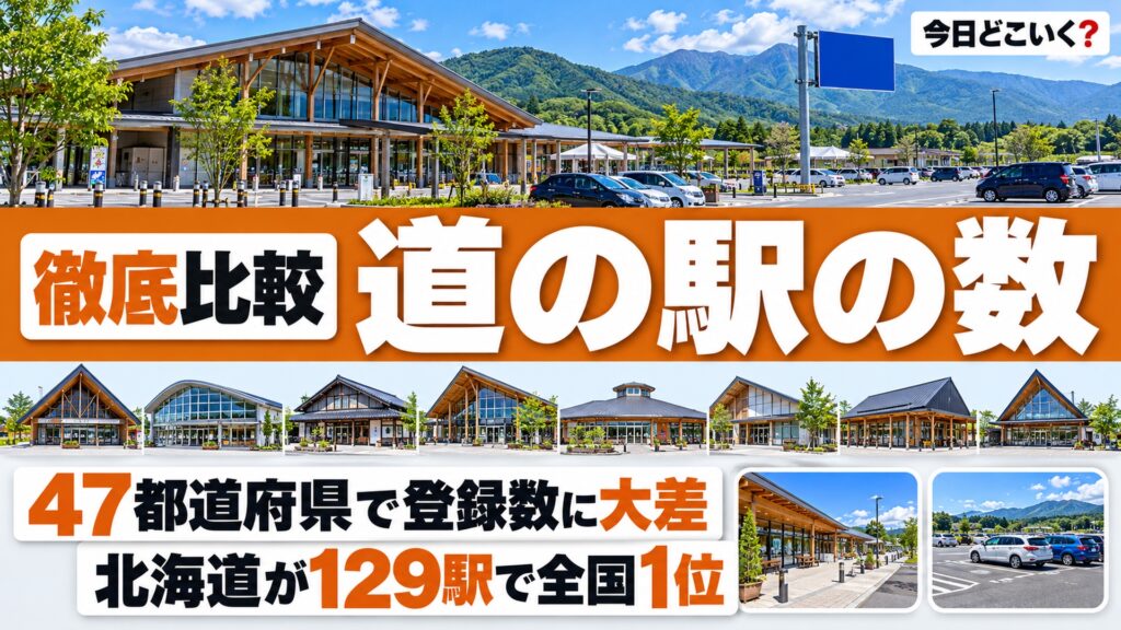 道の駅の都道府県ランキング！47都道府県の登録数を一覧で比較　図の中の文字: 47都道府県で登録数に大差、北海道が129駅で全国1位