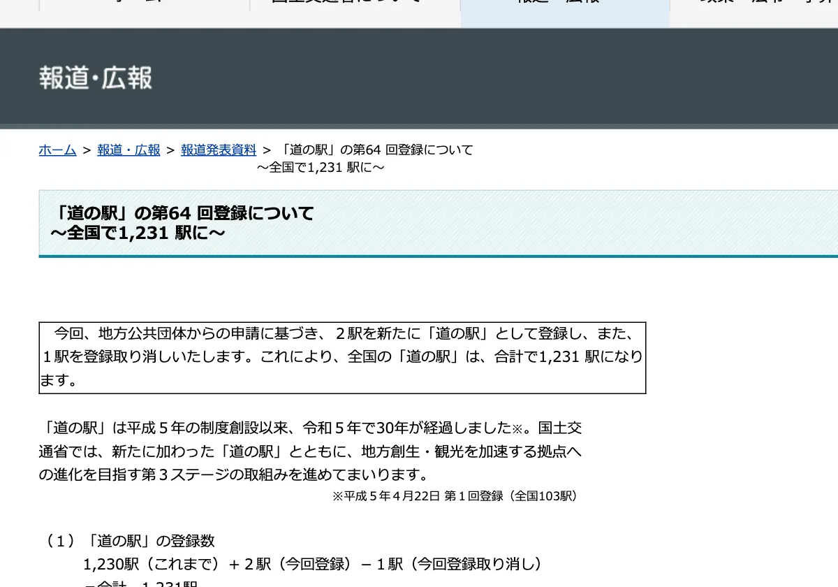 国土交通省の第64回登録の発表（全国1,231駅）の画面。赤い枠の中は「「道の駅」の第64 回登録について ～全国で1,231 駅に～ 令和7年12月19日 今回、地方公共団体からの申請に基づき、２駅を新たに「道の駅」として登録し、また、１駅を登録取り消しいたします。これにより、全国の「道の」