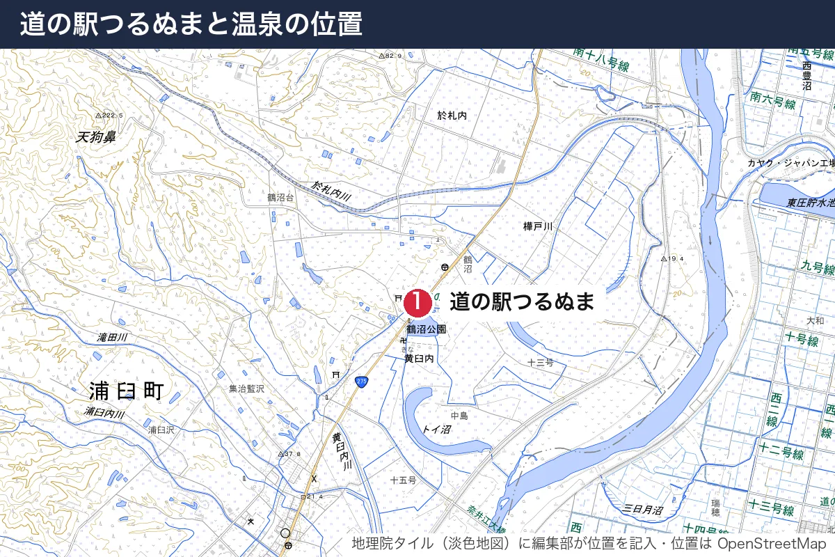 道の駅つるぬまと温泉の位置。地図に番号で示した場所は 1. 道の駅つるぬま