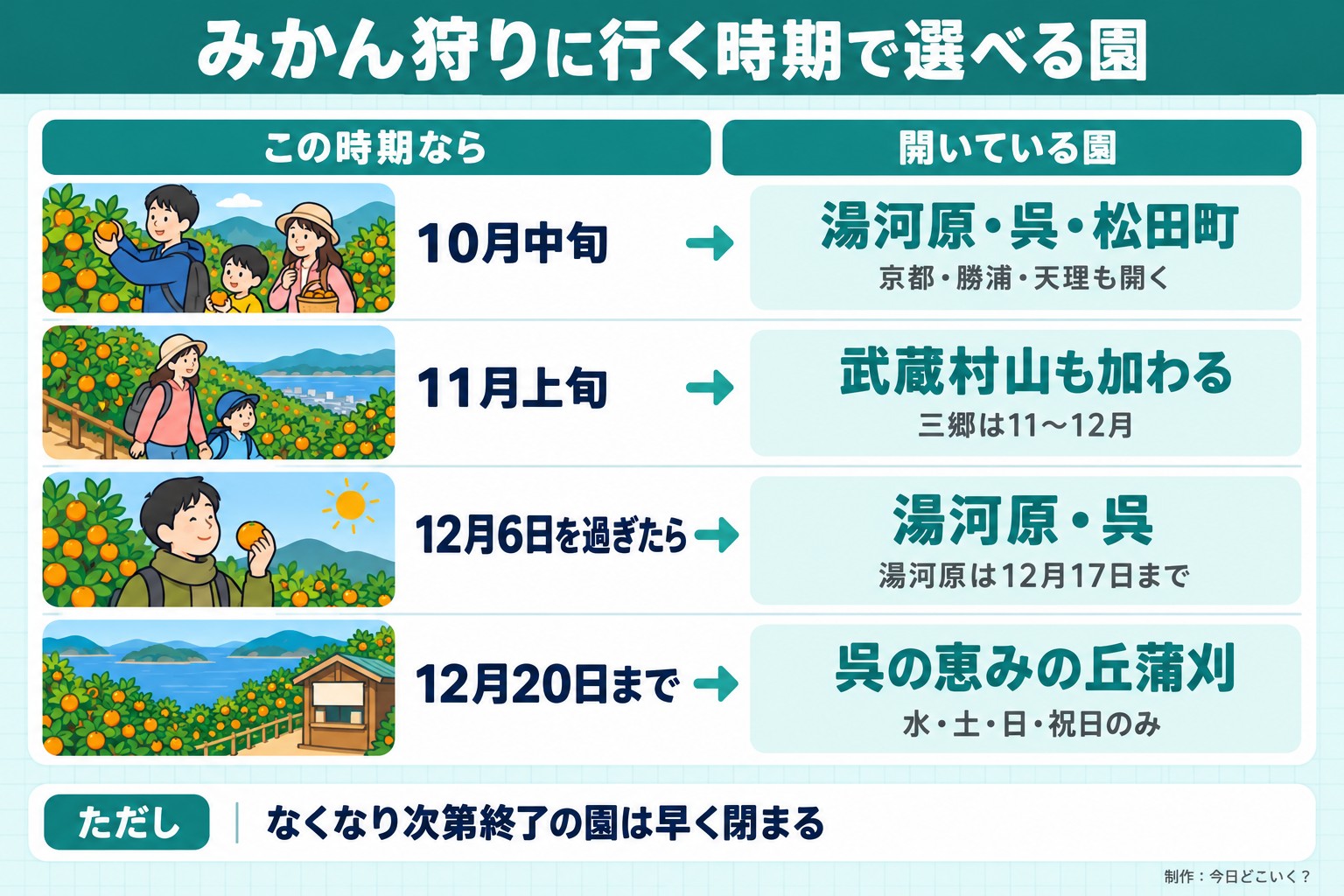 みかん狩りに行く時期で選べる園。この時期なら。開いている園。10月中旬。湯河原・呉・松田町。京都・勝浦・天理も開く。11月上旬。武蔵村山も加わる。三郷は11〜12月。12月6日を過ぎたら。湯河原・呉。湯河原は12月17日まで。12月20日まで。呉の恵みの丘蒲刈。水・土・日・祝日のみ。ただし なくなり次第終了の園は早く閉まる。今日どこいく？が作ったイラスト図解（状況→目安の早見表）