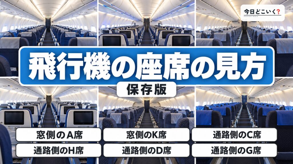 飛行機の座席の見方を徹底解説！アルファベットのルールとは？　図の中の文字: 飛行機の座席の見方、窓側のA席、窓側のK席、通路側のC席、通路側のH席、通路側のD席、通路側のG席