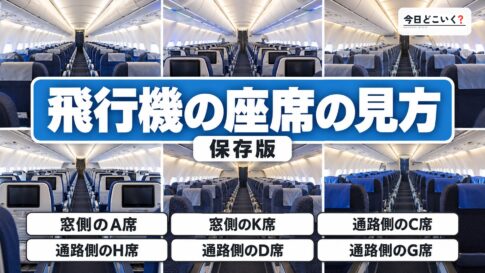 飛行機の座席の見方を徹底解説！アルファベットのルールとは？　図の中の文字: 飛行機の座席の見方、窓側のA席、窓側のK席、通路側のC席、通路側のH席、通路側のD席、通路側のG席