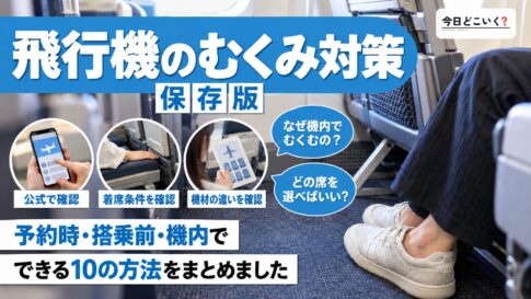 飛行機でのむくみ対策！原因と快適に過ごすための10の方法　図の中の文字: 飛行機のむくみ対策、予約時・搭乗前・機内で、できる10の方法をまとめました、なぜ機内でむくむの？、どの席を選べばいい？
