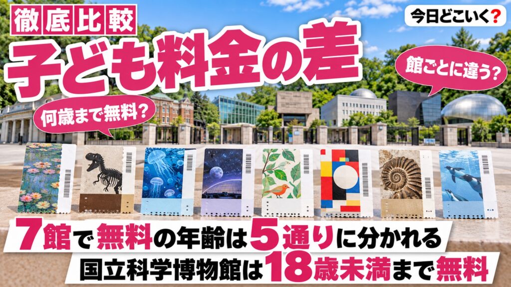 博物館は子供何歳まで無料？7館で比べると5通りに分かれた　図の中の文字: 何歳まで無料？、館ごとに違う？、7館で無料の年齢は5通りに分かれる、国立科学博物館は18歳未満まで無料