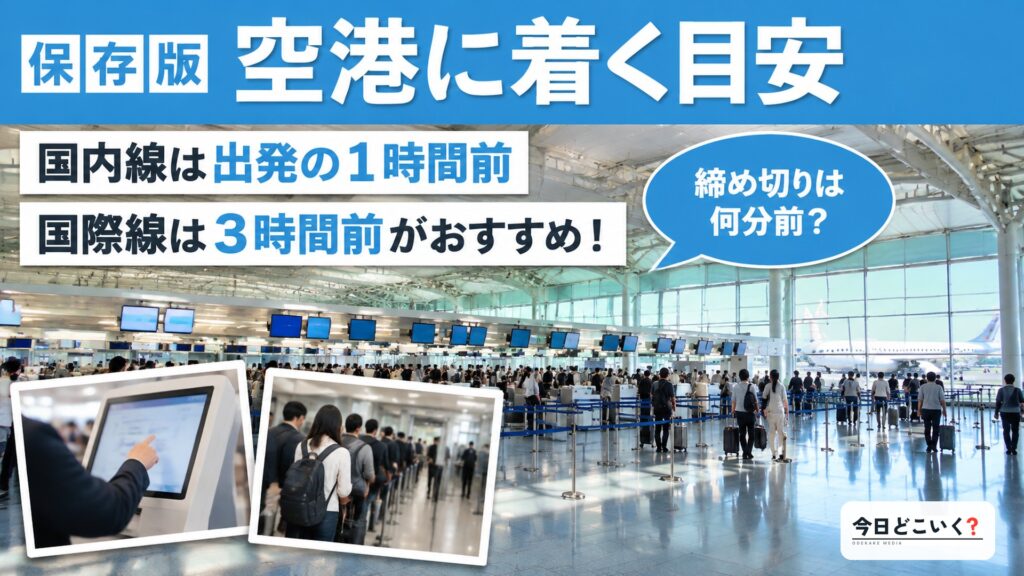 空港は出発時刻の何時間前にいるべき?国際線・国内線それぞれ解説 図の中の文字: 空港に着く目安、国内線は出発の1時間前、国際線は3時間前がおすすめ!、締め切りは何分前?