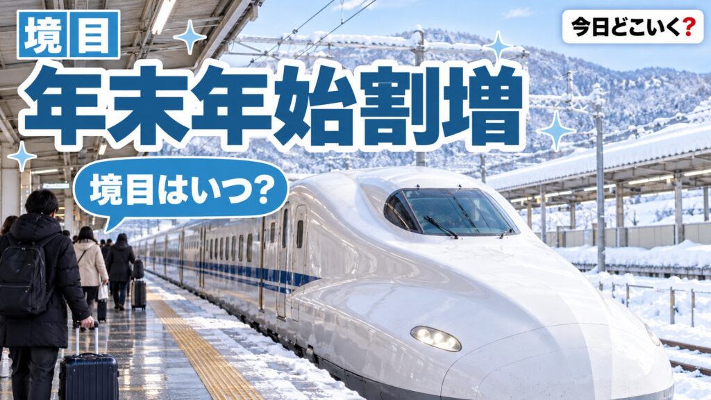年末年始の飛行機と新幹線はいつ高い？割増にならない日の境目　図の中の文字: 境目はいつ？